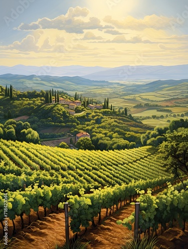Sunlit Tuscan Vineyards - Sprawling Grape Fields Canvas Print Landscape