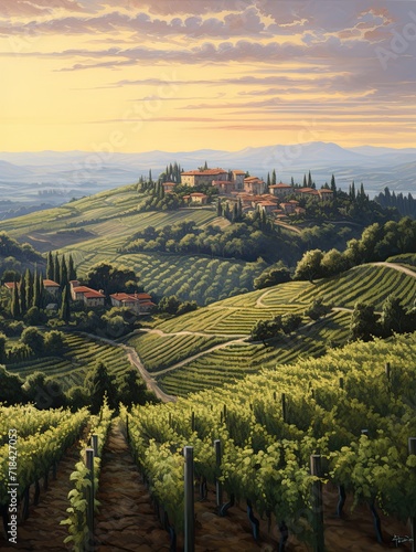 Dawn's Illumination: Sunlit Tuscan Vineyards in an Early Morning Scene.