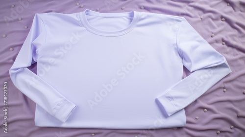  a white t - shirt laying on top of a bed with a purple bedspread and a pink comforter. © Olga