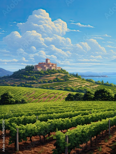 Sunlit Tuscan Vineyards: Captivating Artwork of a Vineyard on an Isolated Island