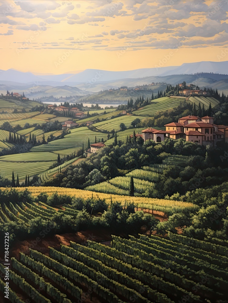 Sunlit Tuscan Vineyards: Captivating Art of Rolling Hills and Enchanting Vineyards.