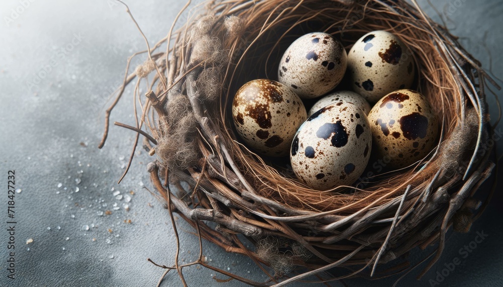 Quail Eggs in Nest on Textured Background, Springtime Concept Quail Eggs in Nest on Textured Background, Springtime Concept