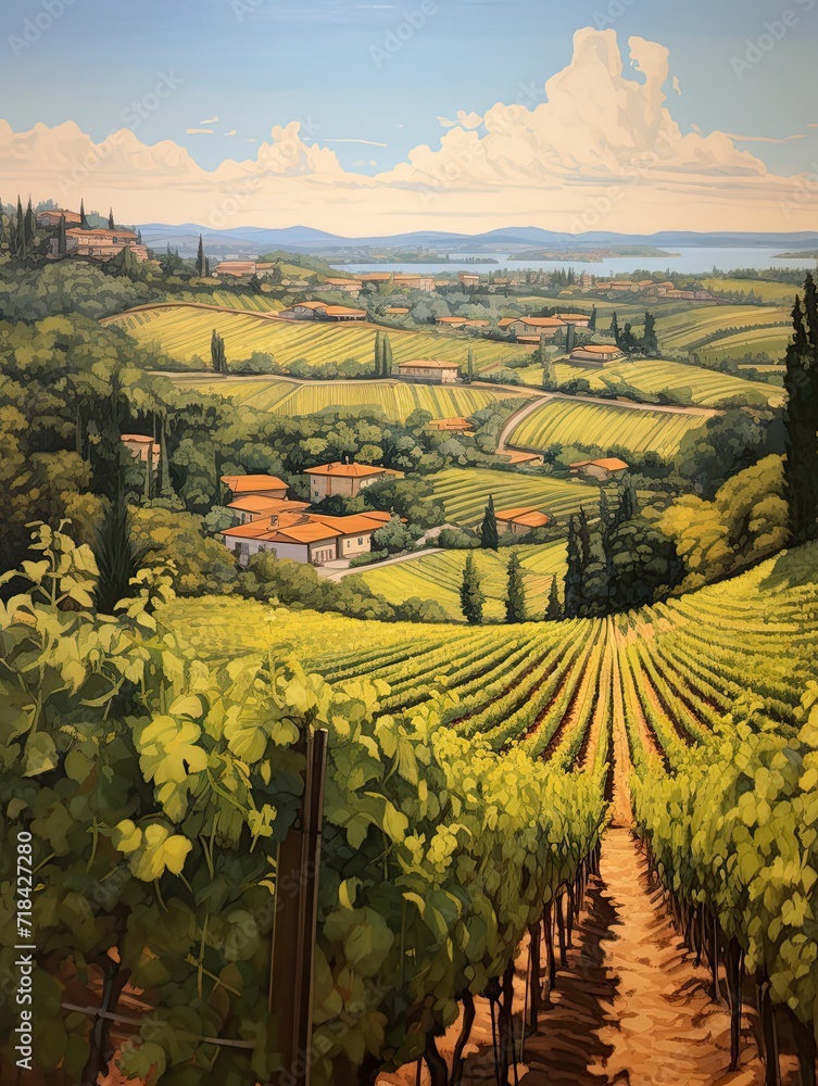 Sunlit Tuscan Vineyards: Rolling Valleys, Grapevines Await in a Serene Landscape