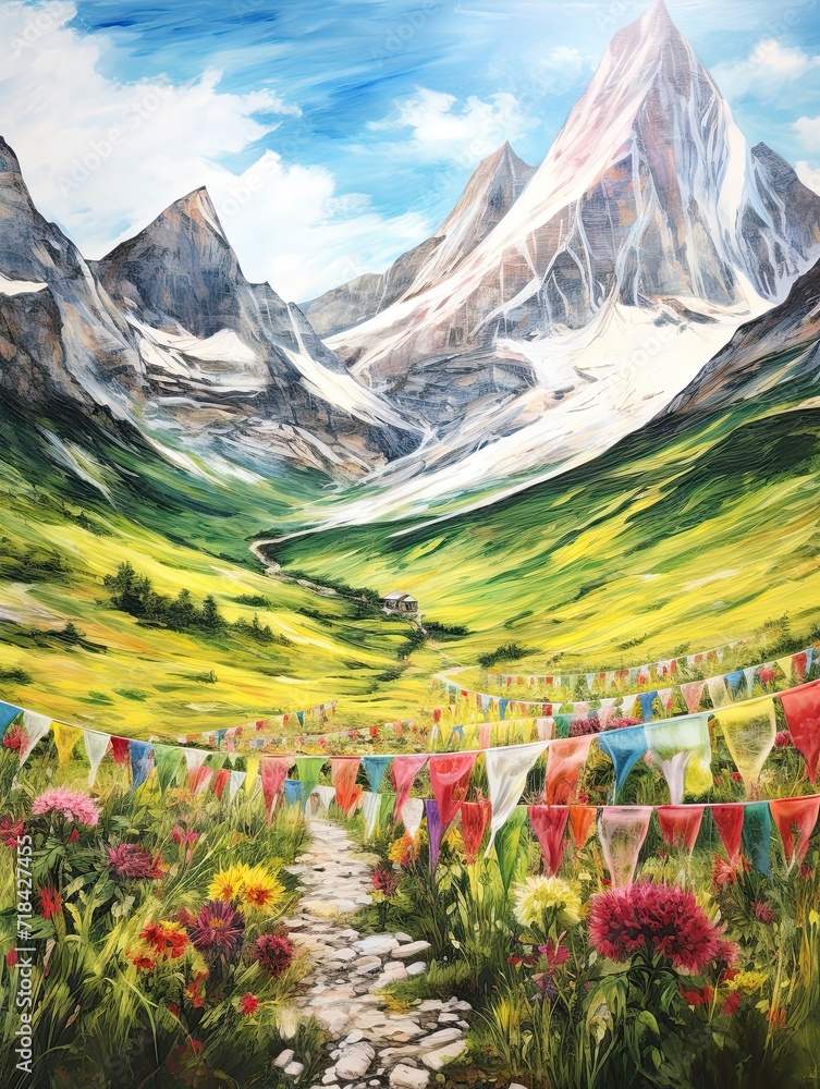 Mountain Fields: Tibetan Prayer Flags Painting - Serene Meadow with Colorful Flags