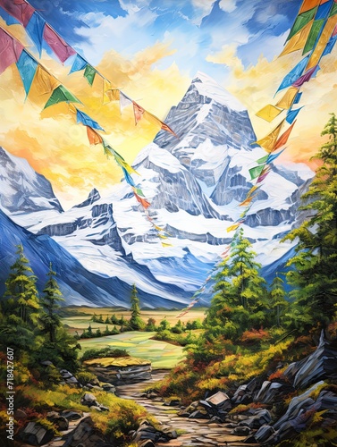 Vibrant Tibetan Prayer Flags Adorn Majestic Mountain Landscape © Michael