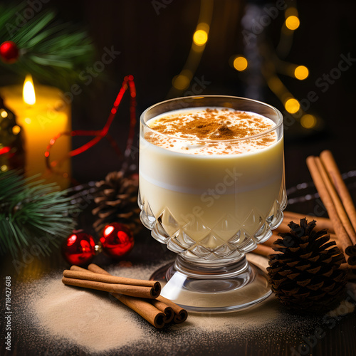 Holiday Seasonal Eggnog Cocktail garnished with Cinnamon Stick in Fancy Glassware surrounded by Christmas Melody
