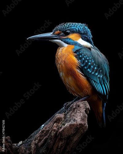 Side view Beach Kingfisher standing on old wood AI Generative