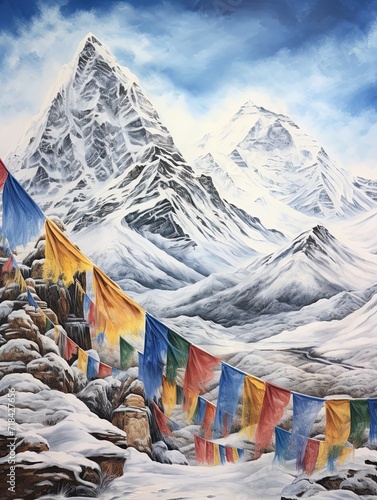 Tibetan Prayer Flags in Snowy Mountains: A Winter Art Scene