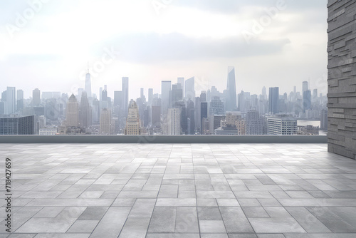 Panoramic skyline and buildings with empty brick concrete square floor cityscape. 3d render illustration.
