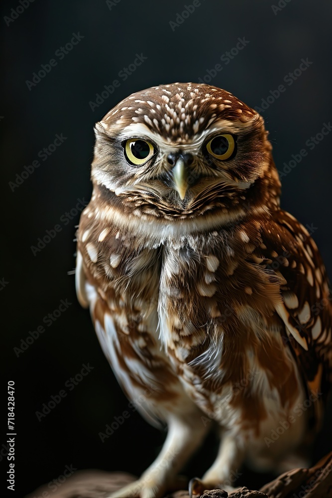 Front view Burrowing Owl on the black background AI Generative Front view Burrowing Owl on the black background AI Generative
