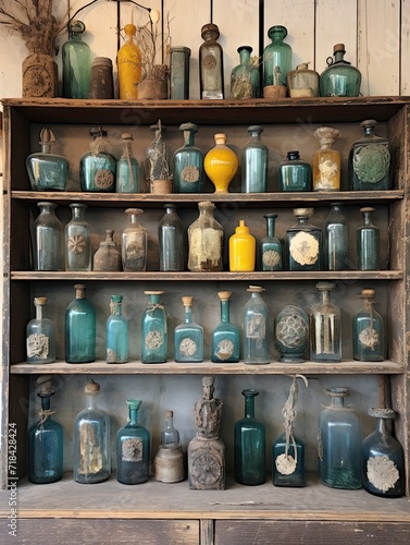 Vintage Apothecary Bottles: Charming Collection of Old Bottles amidst Rural Serenity