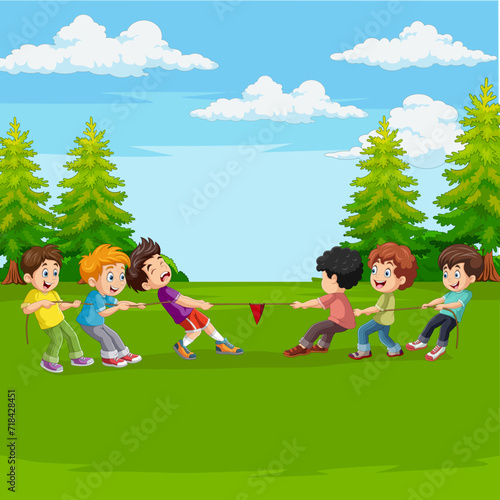 Cartoon group of children playing tug of war in the park