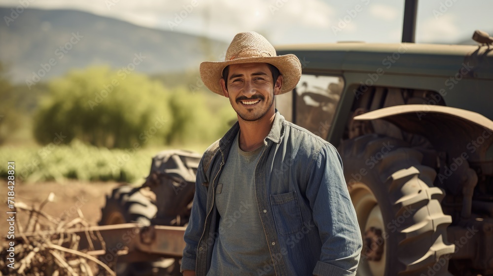 Mexican young male farmer standing next to the tractor 