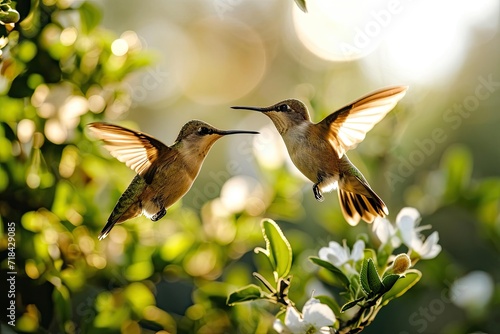 Two Hummingbird fly in the morning AI Generative