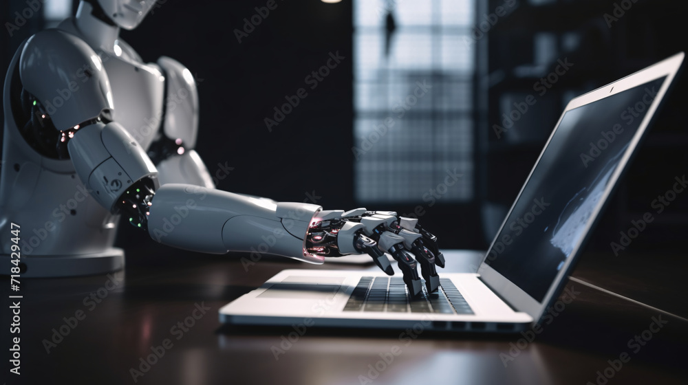 Robot hand pointing to laptop keyboard. Robot hand pointing to laptop keyboard.