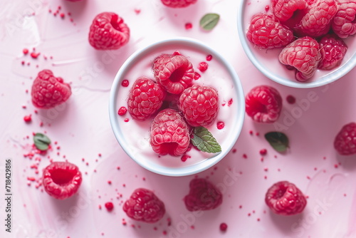 Raspberries in a yogurt cup. Background for banners and advertisements