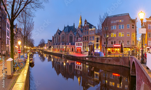 Photography Canal De Wallen, famous red-light district in the twilight, Amsterdam, Holland, Netherlands