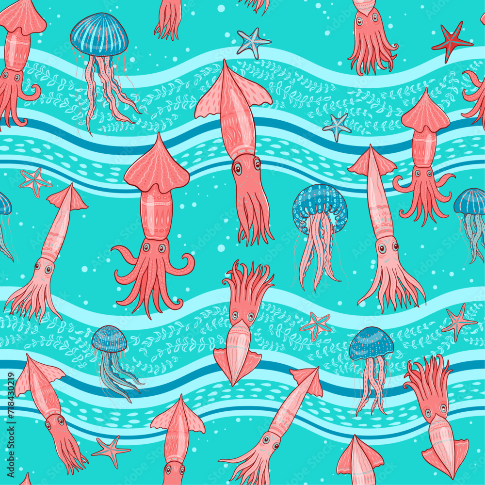 Squid, jellyfish on the background of waves. Wavy stripes. Coral and soft turquoise shades for summer ideas. Seamless vector pattern.