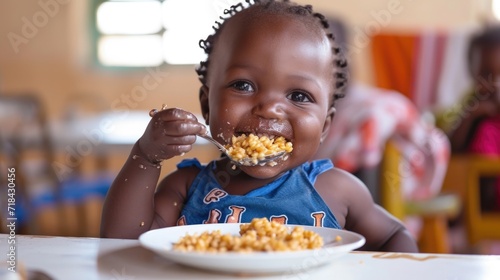 Portrait Photography  One-year-old African girl eats food at the dining table  rural Africa  happy eating  white dining room  wide angle