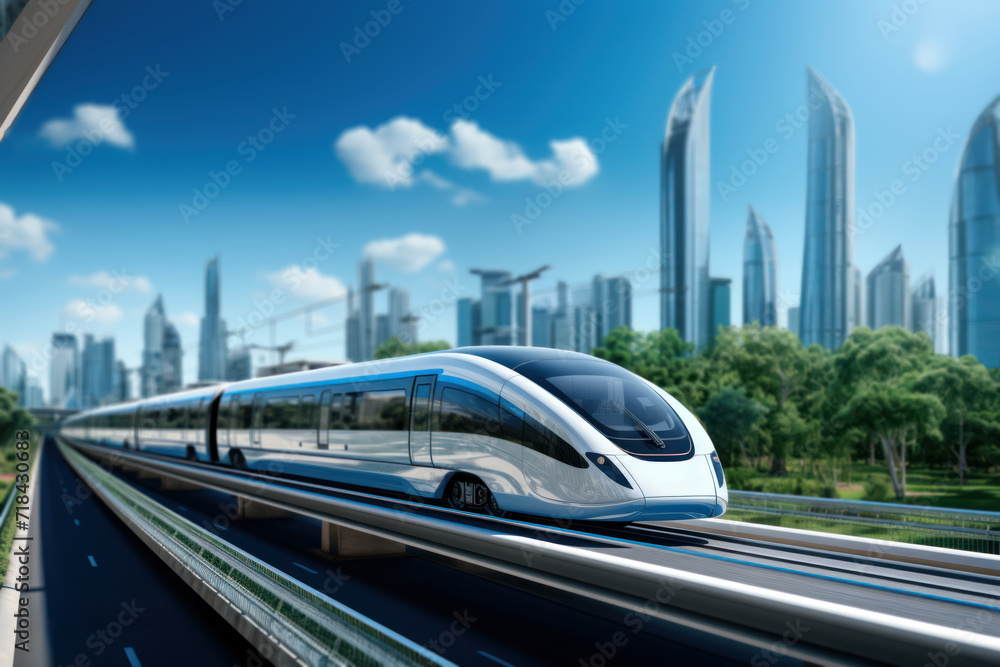 Naklejka premium A high-speed train whizzing through a futuristic cityscape, showcasing the efficiency of modern transportation systems. Concept of urban mobility. Generative Ai.
