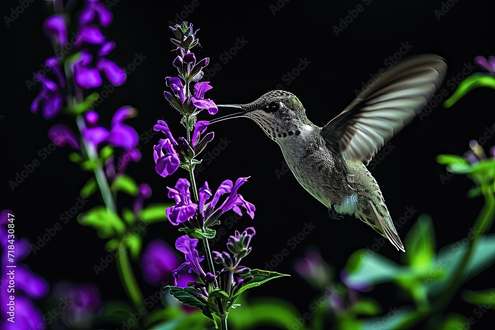 Fototapeta premium Beautiful Hummingbird flying finding Salvia nectar flowers isolated on black background AI Generative