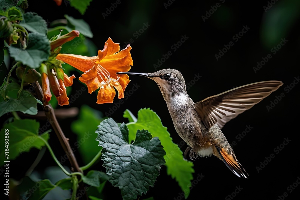 Fototapeta premium Hummingbirds fly finding flower nectar on the black background AI Generative