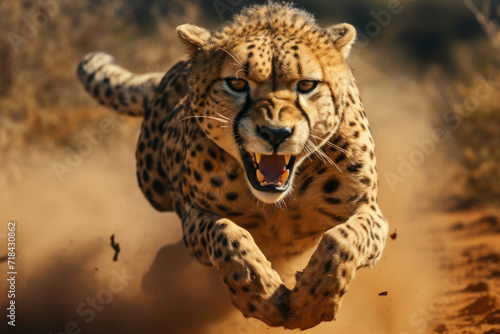 A sprinting cheetah in pursuit of prey  showcasing the unmatched speed and agility of the world s fastest land animal. Concept of predatory speed. Generative Ai.