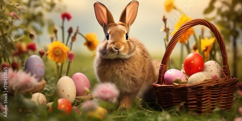 Easter Bunny with Colorful Eggs in Basket
