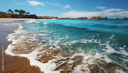 Idyllic summer coastline, waves crash on sandy beach generated by AI © Jemastock