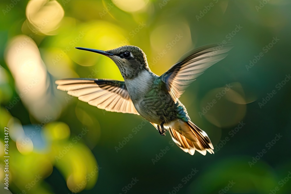 Fototapeta premium Hummingbird flying over the forest AI Generative