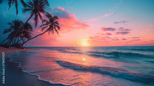 Peaceful beach scene at sunset, silhouettes of palm trees, tranquil ocean waves