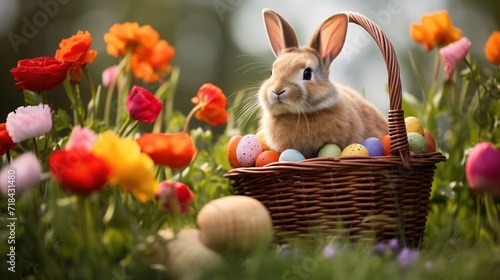 Easter Bunny with Colorful Eggs in Basket