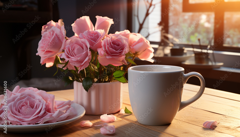 Fresh flower bouquet in a pink vase on wooden table generated by AI Fresh flower bouquet in a pink vase on wooden table generated by AI