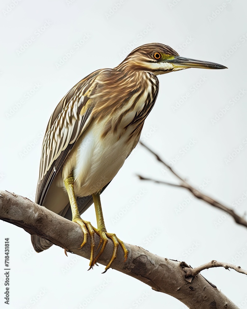 Portrait Indian Pond Heron standing on wood branch AI Generative Portrait Indian Pond Heron standing on wood branch AI Generative