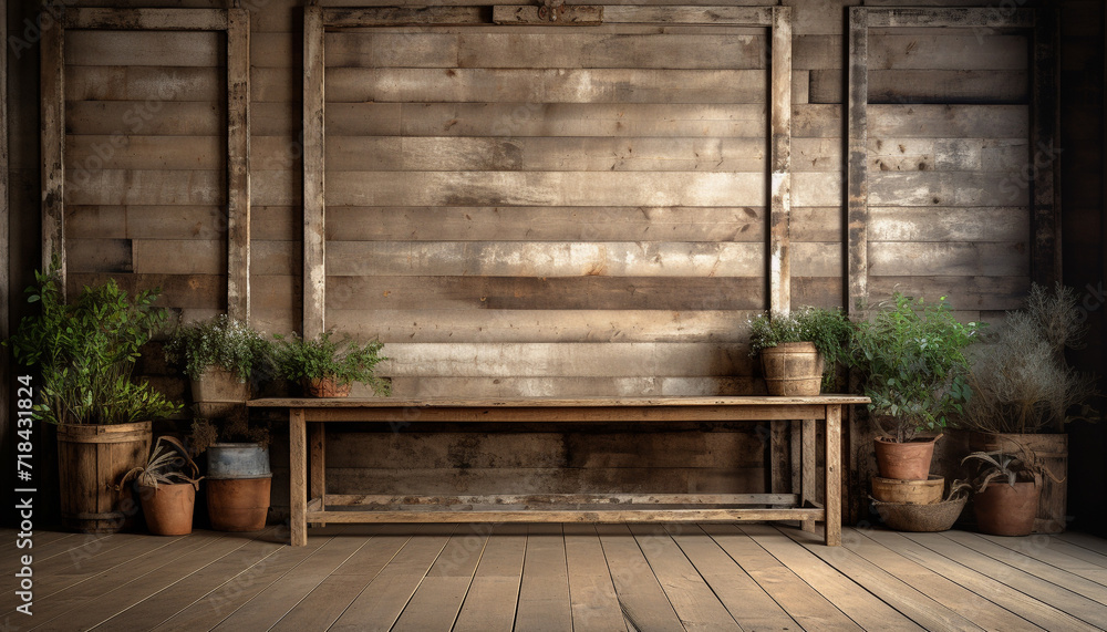 Rustic wooden table with potted plant on shelf generated by AI Rustic wooden table with potted plant on shelf generated by AI