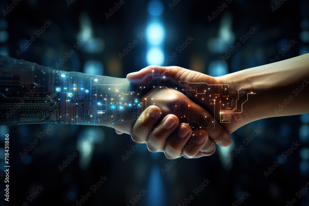 Pixelated hands reaching out from screens to shake in a virtual handshake, symbolizing online collaboration and connection. Concept of virtual partnerships. Generative Ai.
