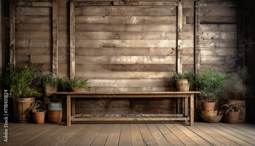 Rustic wooden table with potted plant on shelf generated by AI