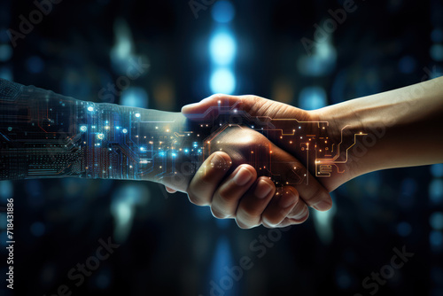 Pixelated hands reaching out from screens to shake in a virtual handshake, symbolizing online collaboration and connection. Concept of virtual partnerships. Generative Ai. photo
