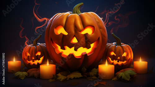 Halloween pumpkin colored in vivid colors, realistic, detailed, Halloween theme with candles