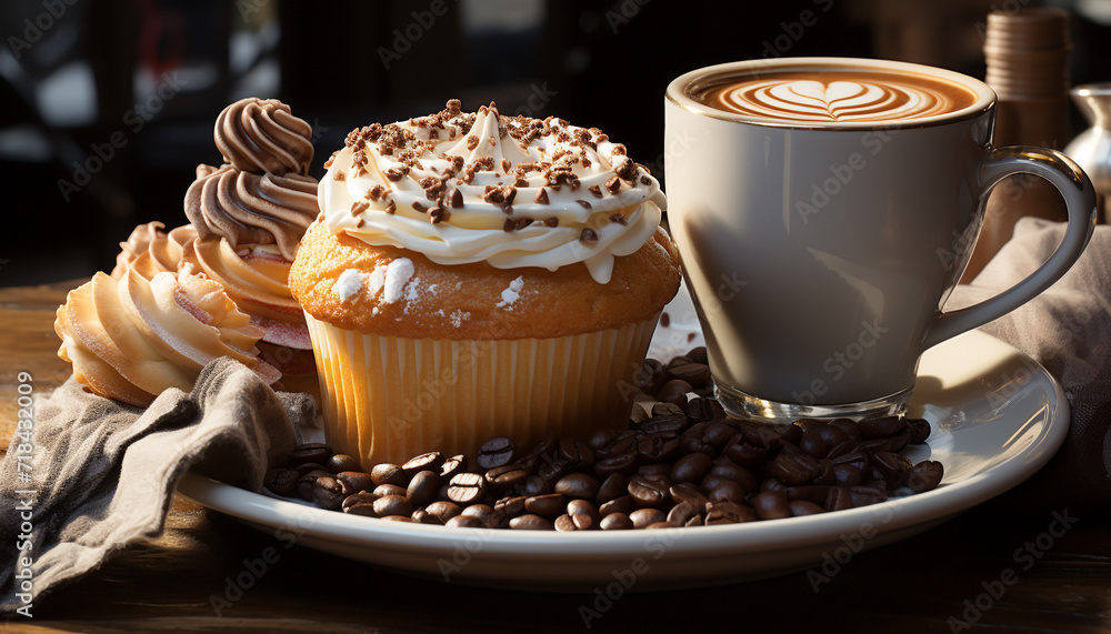 Freshly baked muffin on wooden table with creamy cappuccino generated by AI Freshly baked muffin on wooden table with creamy cappuccino generated by AI