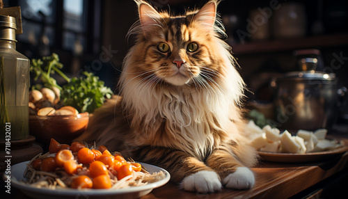 Cute kitten sitting on table, looking at camera, eating food generated by AI