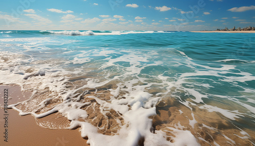 Blue wave splashing on sandy beach, tranquil summer generated by AI © Jemastock