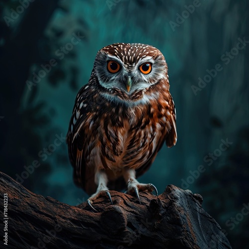 the Little Owl standing on the old wood in the forest AI Generative