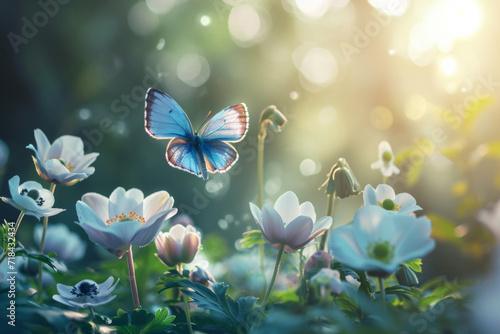 Beautiful spring background with blue butterfly in flight and flowers anemones in forest on nature. Delicate elegant dreamy airy artistic image harmony of nature.  © imlane
