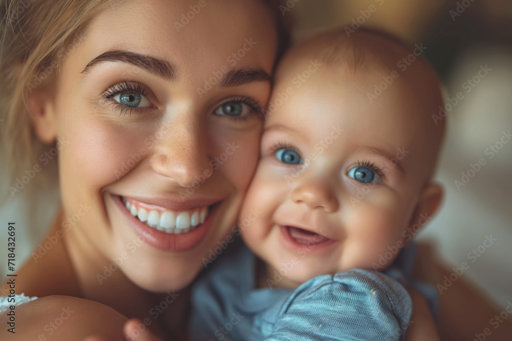 Mother and Her Baby in Arms, Close Portrait of a Woman's Love for Her Newborn Son, Beautiful Blue Eyes and Lovely Smiles, Mother's Day, Women's Day Mother and Her Baby in Arms, Close Portrait of a Woman's Love for Her Newborn Son, Beautiful Blue Eyes and Lovely Smiles, Mother's Day, Women's Day