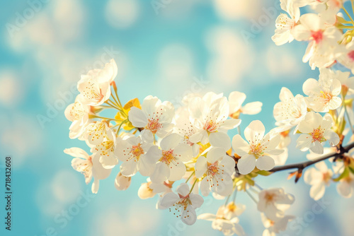 Branches of blossoming cherry macro with soft focus on gentle light blue sky background in sunlight with copy space. 