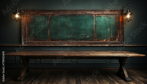 Empty classroom with old wooden desk and blackboard generated by AI