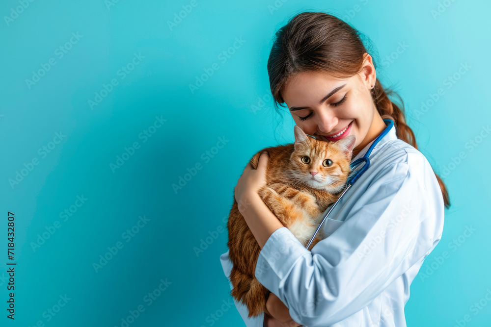 Feline Affection: A Smiling Female Veterinary Doctor Holds a Cat, Isolated on a Blue Background with Copy Space - A Portrait of Compassionate Care and Professionalism in Animal Health.
Feline Affection: A Smiling Female Veterinary Doctor Holds a Cat, Isolated on a Blue Background with Copy Space - A Portrait of Compassionate Care and Professionalism in Animal Health.