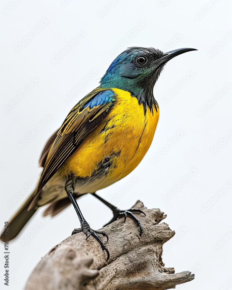 Fototapeta premium Portrait Olive-backed Sunbird standing on small root AI Generative