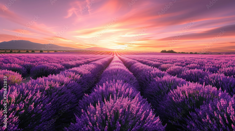 Fototapeta premium Vast lavender fields with orange and purple sky at sunset